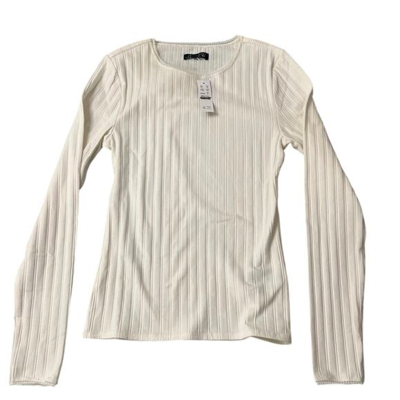 J.Crew Ivory Ribbed Pointelle Long Sleeve Tee M | Soft Scoop Neck Top NWT - Picture 3 of 6